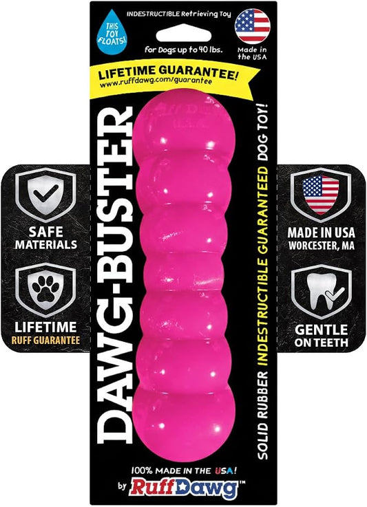 Ruff Dawg Indestructible Dawg-Buster Medium Pink – Heavy-Duty Solid Rubber Dog Chew Stick for Dogs Under 40 lbs – Floats & Bounces – Made in USA