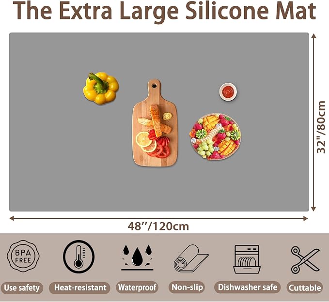 48''x32''(120cmx80cm) Extra Large Silicone Mat for Kitchen Counter, 1.5MM Thick Non-Slip Heat Resistant Countertop Protector, Waterproof Durable Kitchen Mat for Countertops, Dark Gray