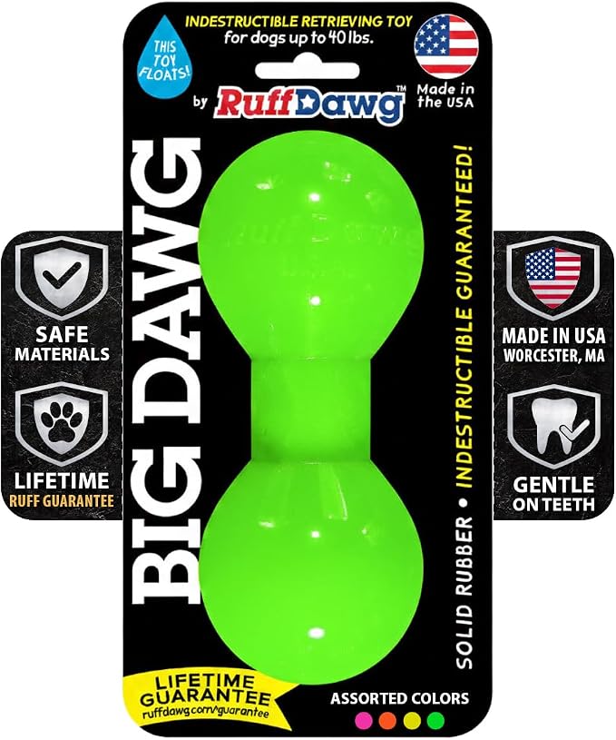 Ruff Dawg Big Dawg - Indestructible Dog Toy for Rough Play - Barbell Shape Bounce for Chase, Catch - Shred-Resistant Plastic - Colors Vary - 1 Toy