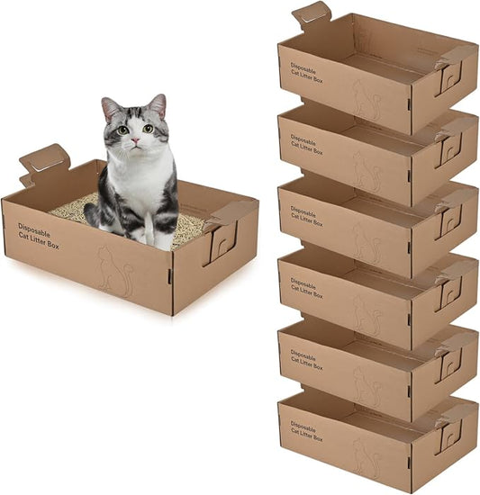 6 Pack Disposable Litter Boxes for Cats, 17.4" x 12.3" x5.4" Large Cardboard Cat Litter Box, Extra Thick Portable Travel Litter Box for Cats, Foldable, Waterproof, Leak Resistant (Large, Count, 6)