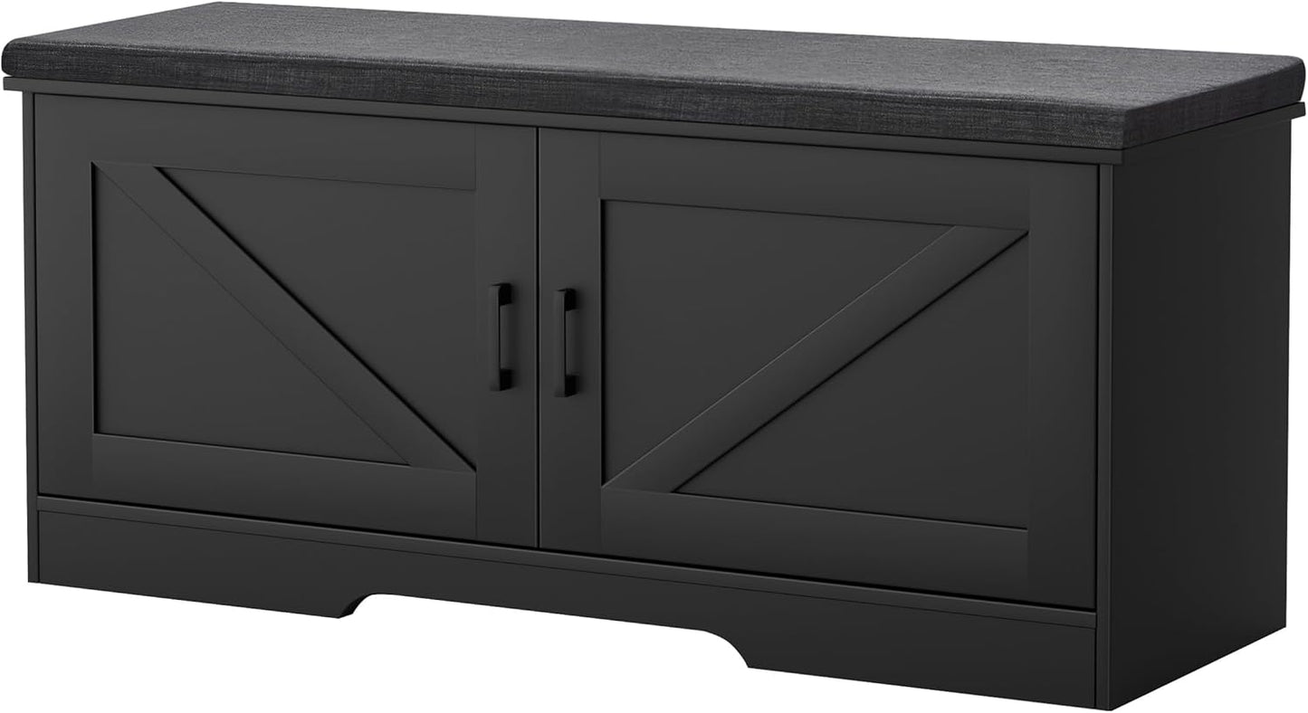 2-Tier Storage Bench, Shoe Bench with Padded Seat Cushion, Entryway Bench with 2 Barn Doors, Adjustable Shelf, 13.8" D x 39.4" W x 17.7" H, for Entryway, Living Room, Bedroom, Black