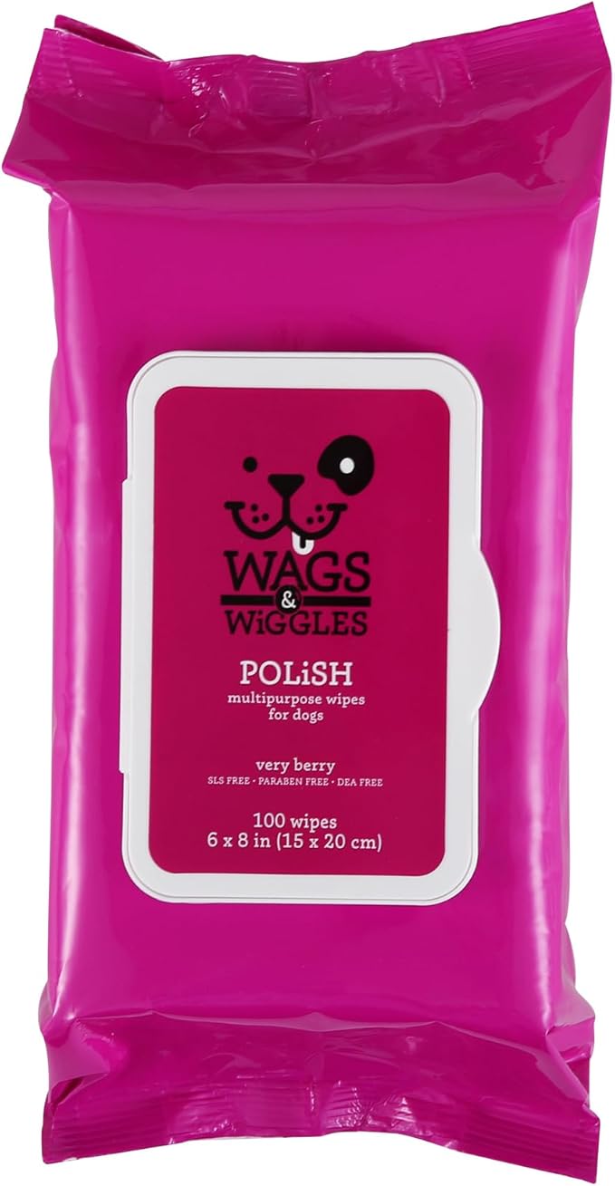 Wags and Wiggles Polish Multipurpose Wipes for Dogs, Very Berry Scent - Scented Wipes that Clean and Condition Your Dog’s Coat Between Baths, Gentle Formula, 100 Count