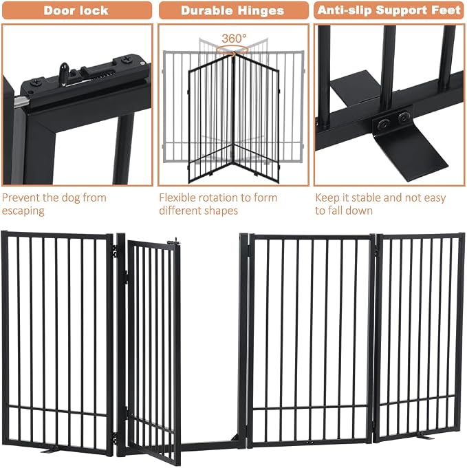 SMONTER Freestanding Dog Gate with Door Walk Through, 80.5'' Extra Wide Indoor Dog Fence, 31.5'' Height 4 Panels Foldable Metal Pet Puppy Gate for Stairs, Hallways, Doorway