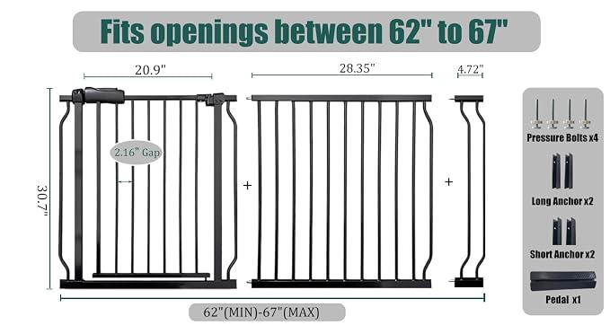 Extra Wide Baby Gate 62-67 Inch Wide Dog Gate for House Pressure Mounted Indoor Pet Gate with Walk Thru Door Auto Close Child Safety Gate for Living Room & Hallway Black