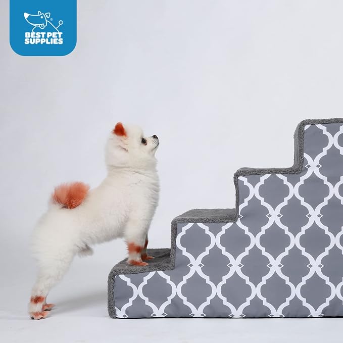 Best Pet Supplies Dog Stairs for Small Dogs & Cats, Foam Pet Steps Portable Ramp for Couch Sofa and High Bed Non-Slip Balanced Indoor Step Support, Paw Safe No Assembly - Gray Lattice Print, 5-Step