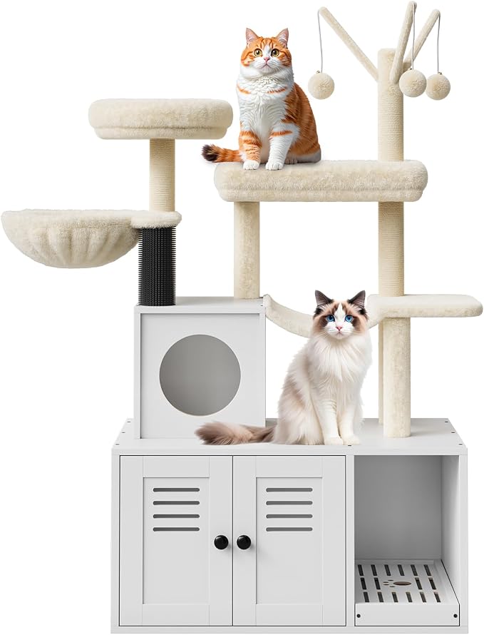 Litter Box Enclosure with Cat Tree Tower and Condo Brush Post and Passage Hidden Cat Washroom Furniture with Sisal Scratching Post & Soft Plush Perch Wooden Cat Furniture with Multiple Platforms