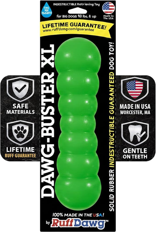 Ruff Dawg Indestructible Dawg-Buster XL Green – Heavy-Duty Solid Rubber Dog Chew Stick for Dogs Under 40 lbs – Floats & Bounces – Made in USA