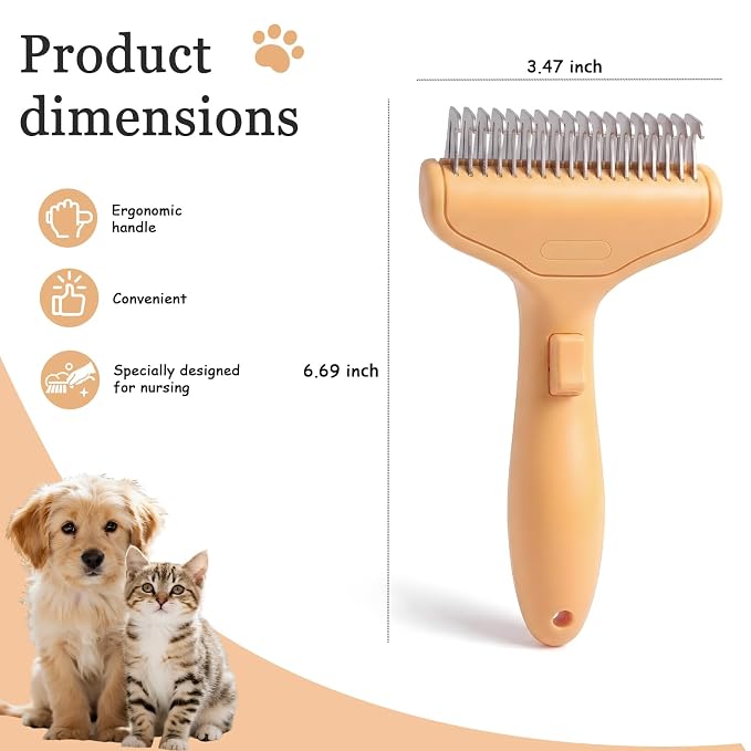 Dog Brush and Cat Deshedding Rake, Pet Grooming Tool for Shedding with Rounded Stainless Steel Teeth, Comfortable Grip for Long or Thick Coats (Style 2 Orange)
