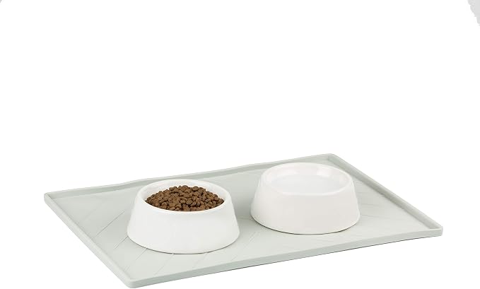 Messy Mutts Silicone Non-Slip Dog Bowl Mat with Raised Edge and Two Sides Reinforced with Metal Rods | Dog/Cat Bowl Mat with Spill-Proof Lip | Medium, 20” x 12” | Light Grey