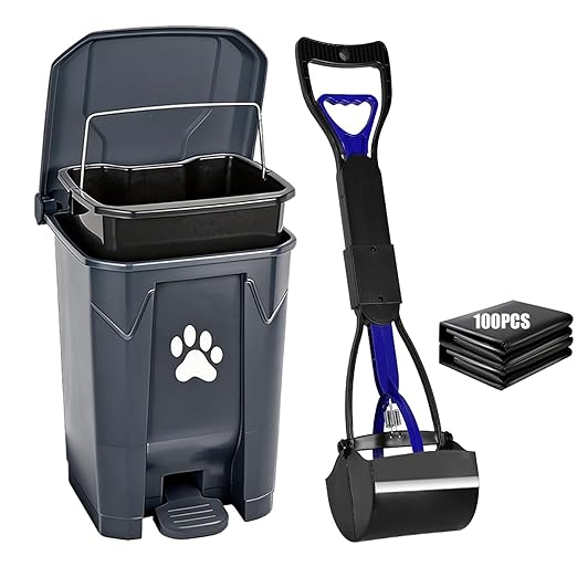 Dog Poop Trash Can Outside with Pooper Scooper, Outdoor Dog Waste Trash Can with Lid Waste Bag Odor Control for Yard Garden, 20L Grey