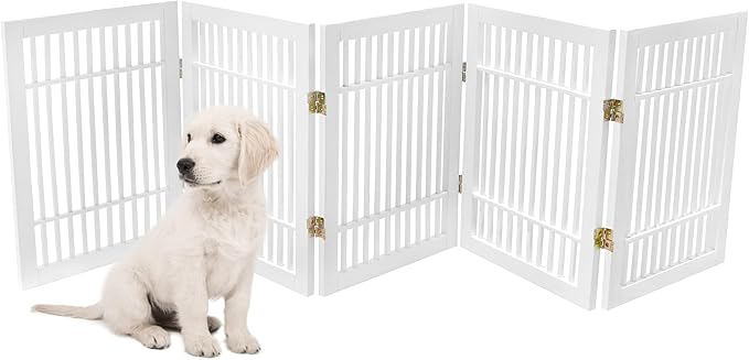 Urnporium Pet Dog Gate Freestanding, Strong Durable Folding Wooden Fence, Portable Acacia Hardwood Safety Barrier for Indoor & Outdoor Use (White Pet Gate, 5 Panel 24" Tall)