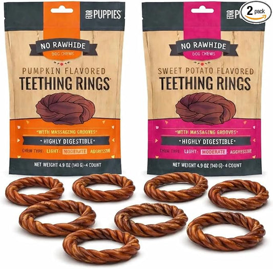 No Rawhide Puppy Teething Rings – Highly Digestible Rawhide Alternative Chews (8 Rings, Pumpkin & Sweet Potato)