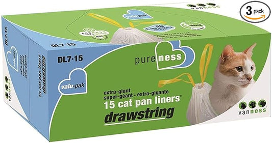 Van Ness DL715 Pureness Extra Giant Drawstring Cat Pan Liner, 45-Count (3 x 15 Count Boxes)