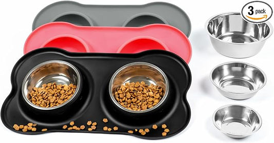 Conlun Dog Bowls with Silicone Feeding Mat, No Spill Food Water Dish Set, Dishwasher Safe, 2 Stainless Steel Puppy Bowls, Suitable for Tiny Dogs Kittens Cats Rabbits Pets under 8lbs, Extra Small,Black