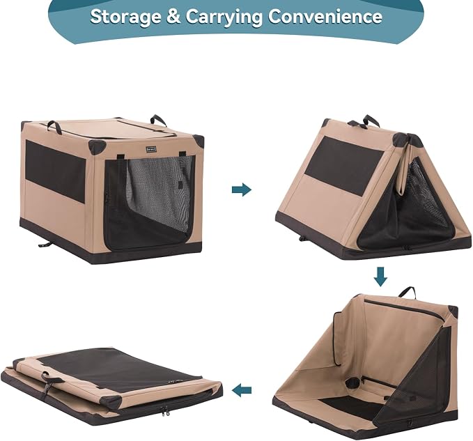 PETSFIT 40" Soft Portable Dog Crate – Patented Spiral Sturdy Frame, Collapsible Travel Kennel for Large Dogs, 3 Mesh Door, Lockable Zippers, Indoor & Car Use Khaki