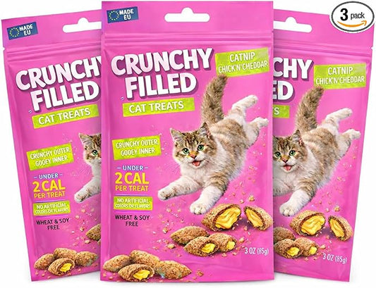 Calming Cat Treats for Indoor Cats – Crunchy Pillow Bites Gooey Center – Catnip Chicken Cheddar Low Calorie Kitty Treats – Cat Snacks Food Topper Wheat Soy Free Healthy Dental – 9oz Resealable