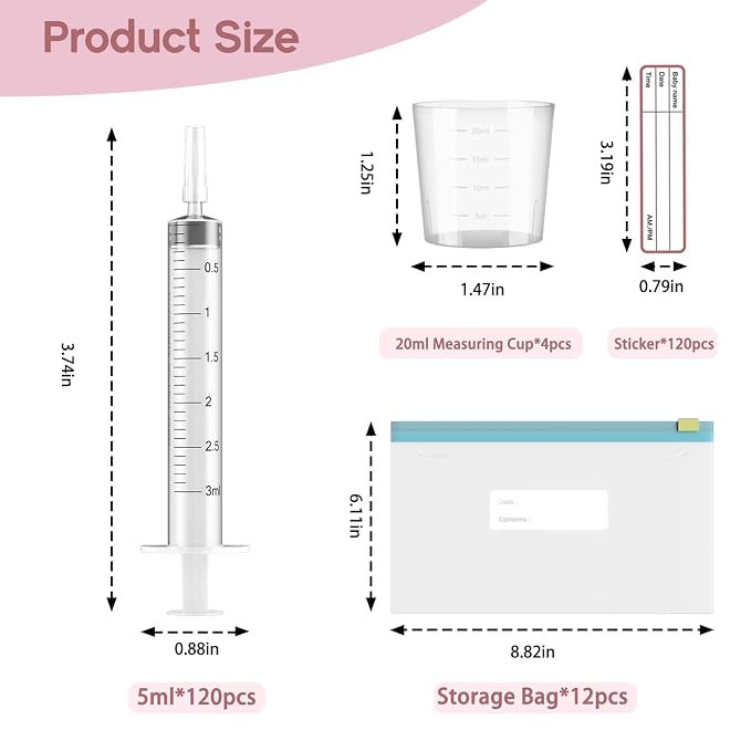 120 Sets 3ml Colostrum Collector Kit Include No Needle Colostrum Syringes with Caps 1mlx120, Stickerx120, 20ml Measuring Cupx4, Ziplock Storage Bagx12 for Breastmilk Collector