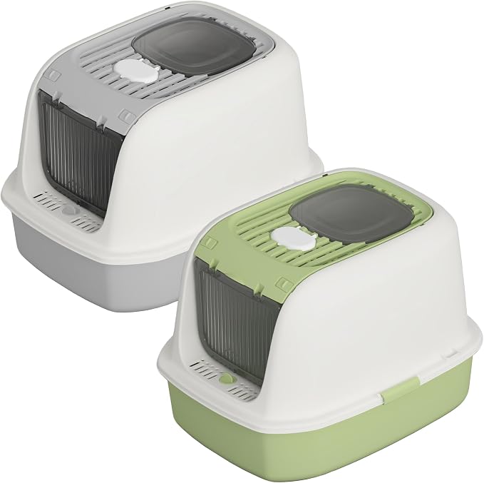 Cat Litter Box 2-Piece Set with Scoop Front Entry Covered Top Exit Ideal for Small Medium Cats 20.6”×16”×14.3” Grey+Green
