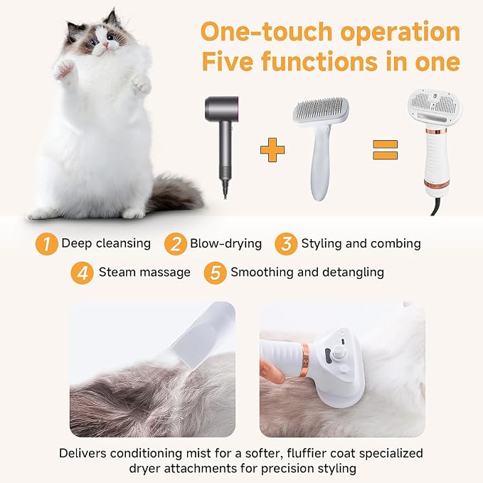 5 In 1 Steam Cat Dog Brush For Shedding With 600W Pet Dryer Convertible Pet Spray Hair Removal Comb With USB C Cable - Ideal For Outdoor And Indoor(Gold)