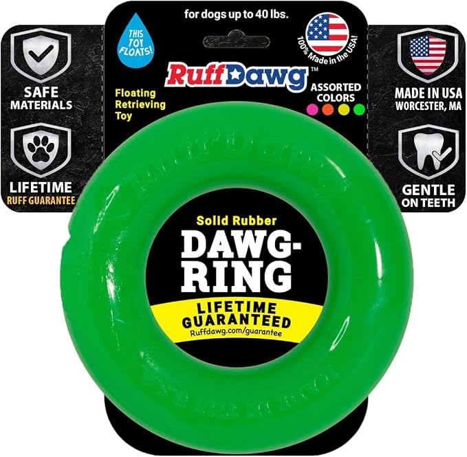 Ruff Dawg Indestructible Dawg-Ring Medium 6” Green – Heavy-Duty Solid Rubber Tug & Fetch Toy for Dogs Up to 40 lbs – Floats & Bounces – Made in USA