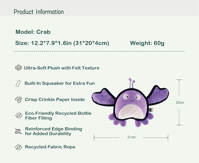 Dog Toy, Squeaky Plush Dog Toy, Rough & Tough Interactive Pet Toy, Recycled Fabric and Double Stitched (Crab)