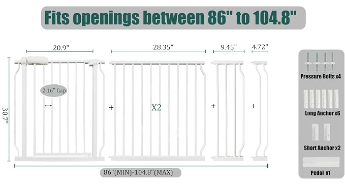 Extra Wide Baby Gate 86-105" Dog Gate Indoor Pressure Mounted No Drill Safety Gate for Kitchen, Doorways & Hallways, White Metal Pet Gate for Dogs
