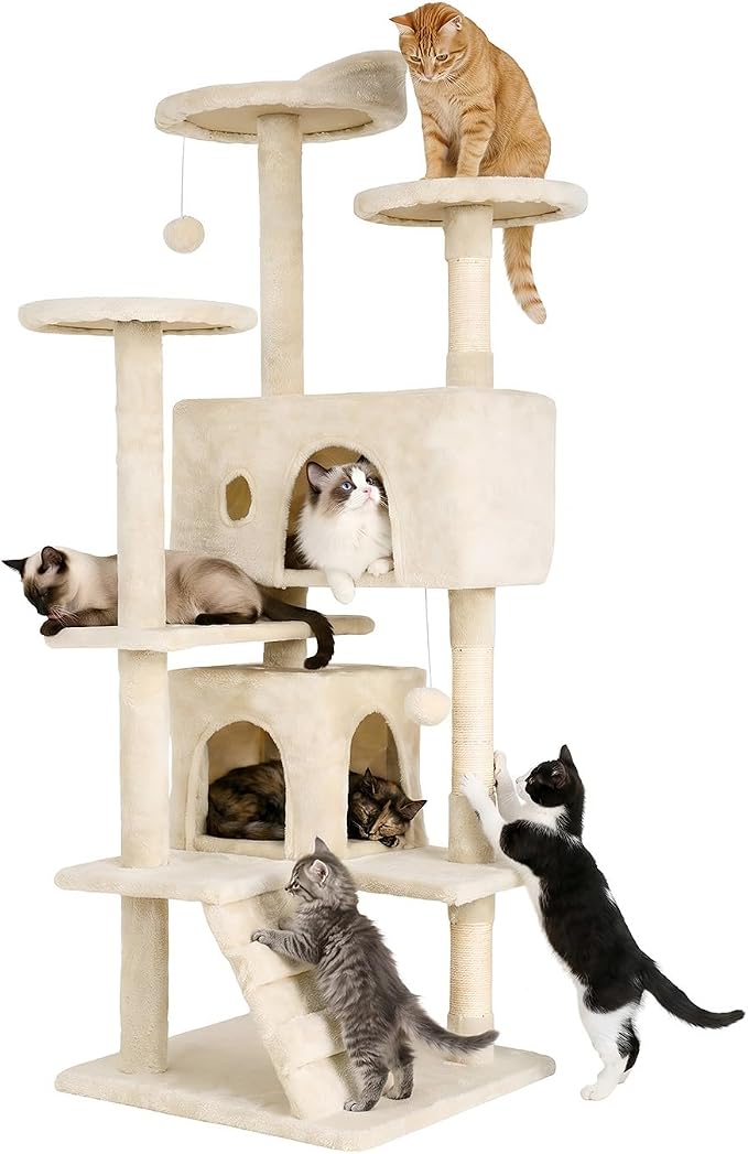 FDW | 54" Cat Tree Tower | Beige | Multi-Level Indoor Activity Center with Sisal Scratching Posts, Condos, Plush Perches, Hanging Cat Toys | Sturdy, Easy to Assemble | for Kittens & Adult Cats