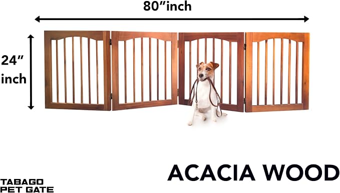 Tabago 4-Panel Foldable Freestanding Wooden Pet Gate 24"x20" – Expands up to 80", White & Natural Dog Gate for Small Pets, Stylish Indoor Barrier for Doorways & Hallways (Brown, 24" H x 80" W)