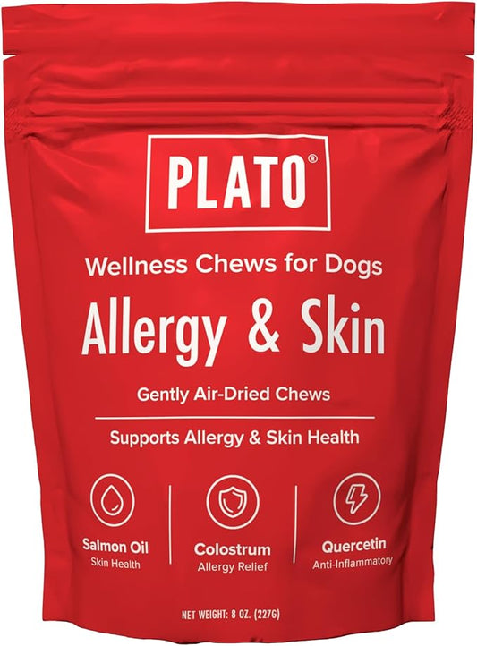 PLATO Pet Treats Air-Dried Wellness Chews for Dogs – Functional Dog Chews – Supports Skin Health & Allergy Relief – Salmon Oil, Colostrum & Quercetin Recipe 8oz