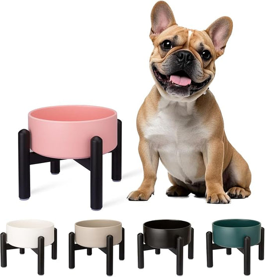 Raised Ceramic Dog Bowl, 6.1'' Modern Feeding Bowl with Non-Slip Stainless Steel Stand, Elevated Food or Water Dish for Small to Medium Dogs, 2 Cups (28.75 fl oz)- Pink