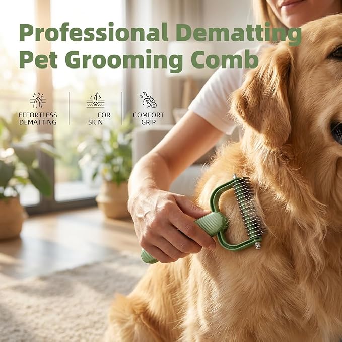 Double Sided Dematting Comb for Dogs & Cats, Undercoat Rake Pet Brush for Long Hair, Deshedding Dog Brush Removes Tangles Knots and Loose Fur, Pet Grooming Tool (Grey+Green)