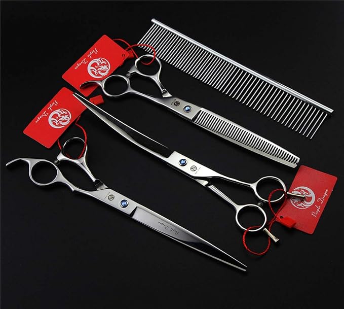 Purple Dragon 8.0" Titanium Multicolor Professional Pet Grooming Scissors Set,Straight & Thinning & Curved Scissors Shear with Bag for Dog Cat Grooming
