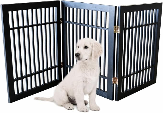 Urnporium Freestanding Wooden Dog Gate – Folding Acacia Hardwood Pet Barrier with 2-Way Hinges, Portable Indoor Outdoor Puppy Safety Fence for Doorways, Hallways (Black Pet Gate, 3 Panel 24" Tall)