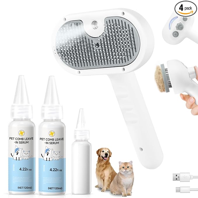 Pet Steam Brush for Dog & Cat - Pet comb leave-inserum for Shedding & Hair Removal - Self Cleaning Spray Comb with Mist for Long Haired Pets - Includes 2*Waterless Shampoo, Grey