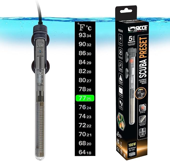 Sicce Scuba 100 Watt Aquarium Fish Tank Heater Preset at 77℉ for Up to 35 Gallons | 100W Submersible for Marine Saltwater and Freshwater | Run Dry Protection
