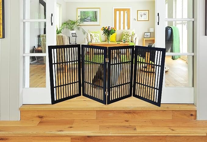 Urnporium Pet Dog Gate Freestanding, Strong Durable Folding Wooden Fence, Portable Acacia Hardwood Safety Barrier for Indoor & Outdoor Use (Black Pet Gate, 4 Panel 30" Tall)