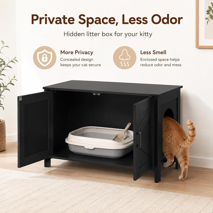 Homhedy Cat Litter Box Enclosure, Wooden Cat Washroom Furniture with Barn Door, Pet House, Fit Most of Litter Box, Black