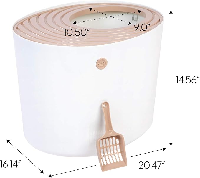 IRIS USA Large Round Top Entry Cat Litter Box with Scoop, White/Beige and 10 Lbs / 12.75 Qt WeatherPro Airtight Pet Food Storage Container set, Particle Catching Grooved Keep Pests Out, Clear Black