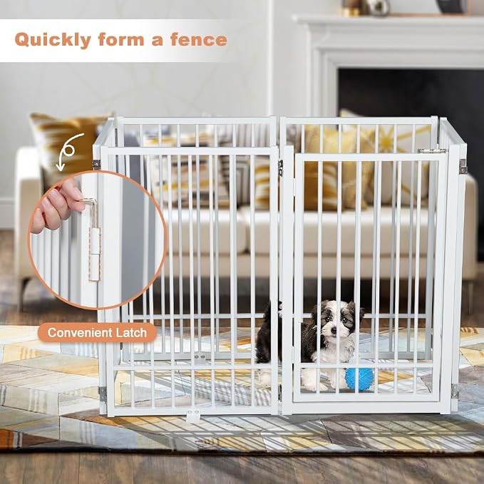 SMONTER Freestanding Dog Gate with Door Walk Through, 120'' Extra Wide Indoor Dog Fence, 31.5'' H 6 Panels Foldable Metal Pet Puppy Gate for Stairs, Hallways, Doorway, White