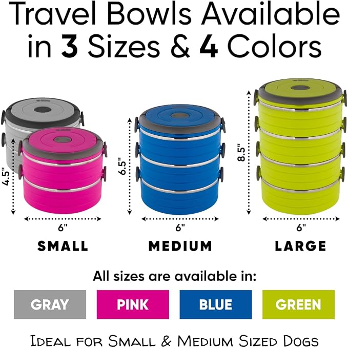 Healthy Human Travel Pet Bento Bowls - Human-Grade Stainless Steel & BPA-Free, Leak-Proof Water & Food Container Set for Dogs & Cats, 4-Pack Interlocking Bowls, Includes Spare Clips & Handle (Gray)