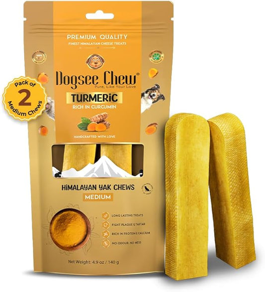 Dogsee Himalayan Yak Cheese Dog Chews with Turmeric/Curcumin (Medium - 2 Chews), All Natural Long Lasting, Anti-inflammatory, Odorless High Protein Chew,60% Protein Dog Treats for Active Chewers