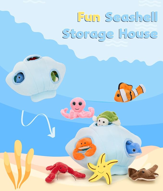 Muiteiur 11.42" Blue Ocean Plush Sea Animals Set with Storage Shell | Soft 9 PCS Ocean Animal Plush Set with Storage Shell for Toddlers and Kids, Sensory Llearning and Montessori Travel Play