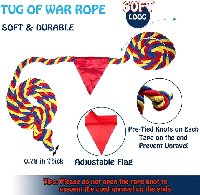 60 Feet Tug of War Rope for Kids and Adults, Outdoor Games Summer Outdoors Yard Backyard Camping Lawn Game for Field Day Family Reunion Birthday Party Team Building Activities Carnival Games-Colours