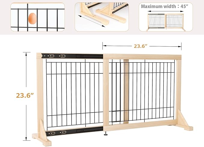Freestanding Wooden Dog Gate for Doorways & Stairs, Adjustable Width 23.6"–45.3", No-Drill Indoor Pet Barrier for Small Dogs & Puppies, Foldable Dog Gate for Hallways, 23.6" Tall