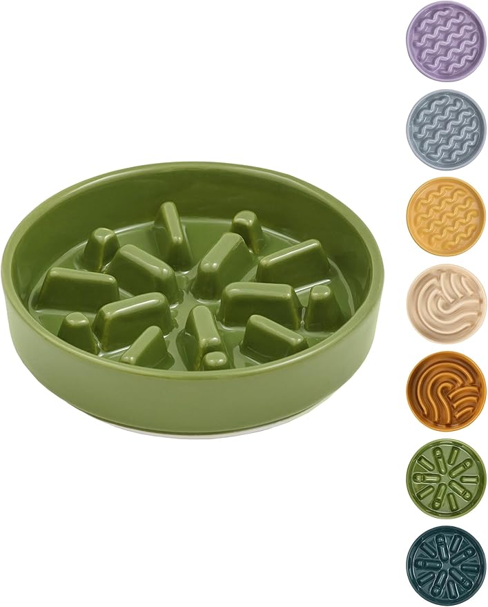 Ceramic Slow Feeder Dog Bowl, Maze Puzzle Non-Slip Silicone Base Stoneware Bowl for Small Medium Dogs, Heavy Duty Anti-Bloat Dog Food Bowl Dishwasher Safe – Green, Small
