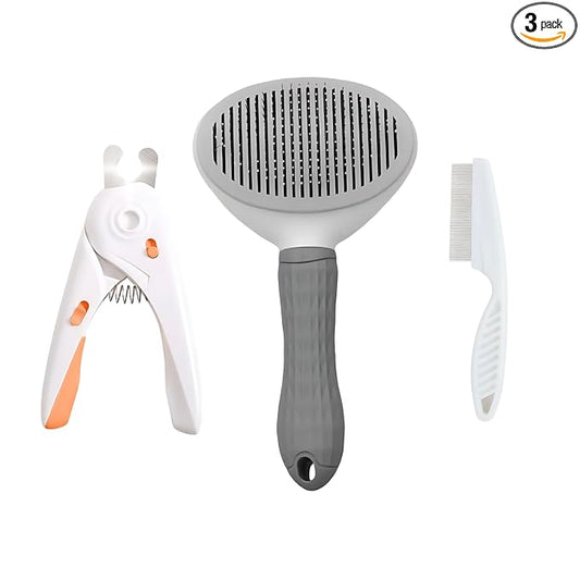 3-in-1 Pet Grooming Kit - Self Cleaning Slicker Brush, LED Dog Nail Clippers with Safety Guard & Stainless Steel Comb - Complete Deshedding Tools for Dogs & Cats - Professional Home Grooming Set