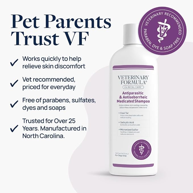 Veterinary Formula Clinical Care – Antiparasitic & Antiseborrheic Medicated Dog Shampoo – Supports Dry, Irritated Skin and Helps Soothe Occasional Itchy Spots – 16 oz - 2-Pack