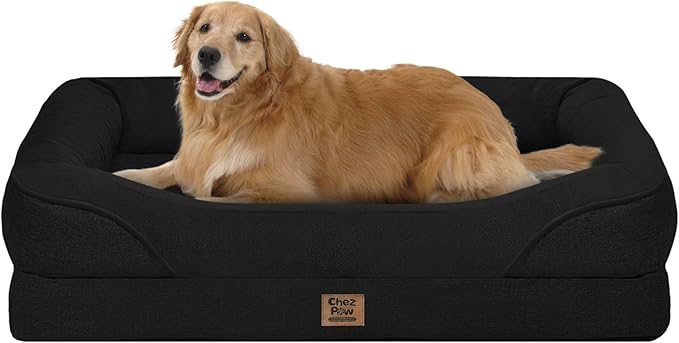 Chez Paw Large Orthopedic Dog Bed for Extra Large Dogs, Waterproof XL Egg-Crate Foam Dog Bed with Removable Washable Cover & Non-Slip Bottom, 4-Sided Bolster Support, Black 42"x30"x7.5"