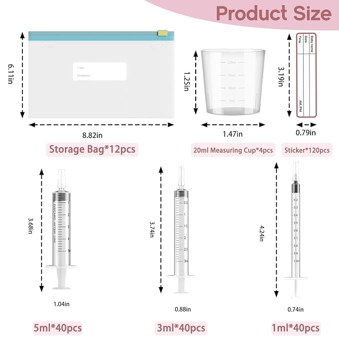 120 Sets 1/3/5ml Colostrum Collector Kit Include No Needle Colostrum Syringes with Caps 1/3/5mlx60, Stickerx120, 20ml Measuring Cupx4, Ziplock Storage Bagx12 for Breastmilk Collector