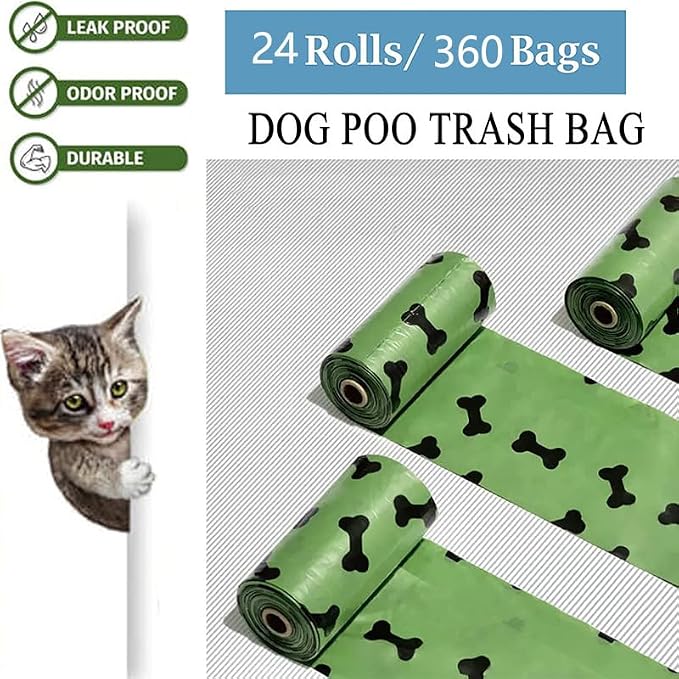 Dog Poop Bags, 24 Rolls/360 Bags with Dispenser, Extra Thick Doggy Poop Bags, Cat Poop Bags, Dog Bag, Pet Waste BagsUnscented, Leak-Proof, Easy Tear-Off